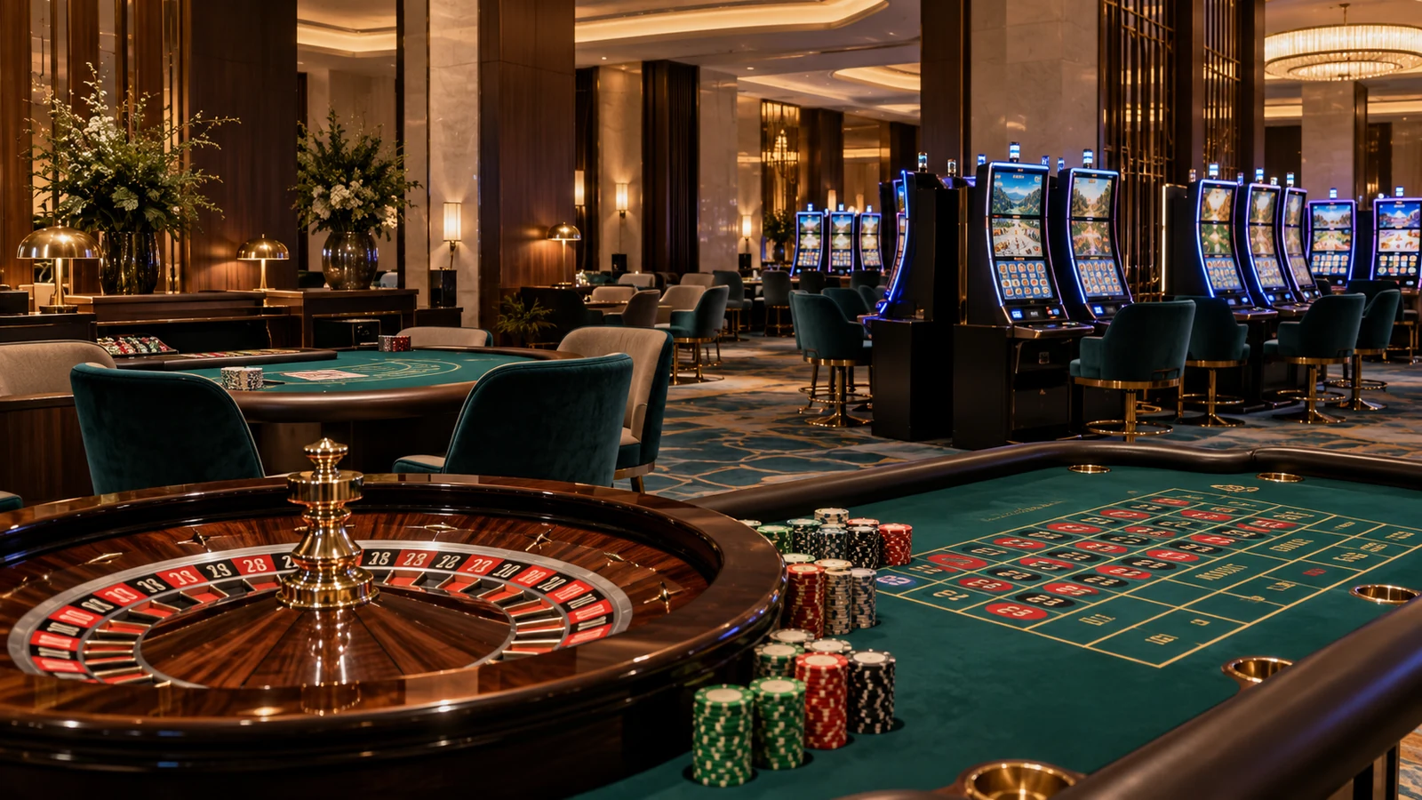 Roulette wheel, green-felt gaming tables and electronic gaming machines in the casino hall