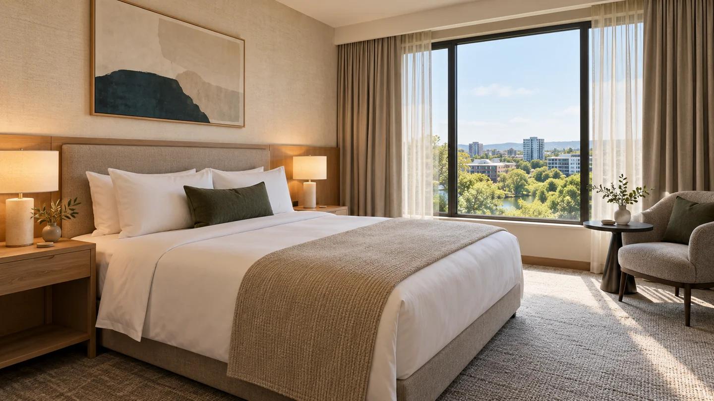 Classic Room interior with warm neutral furnishings and white bed linen