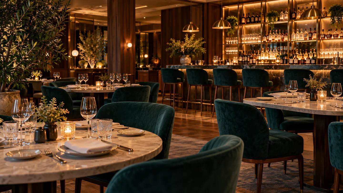 Elegant restaurant tables with teal seating and warm lighting