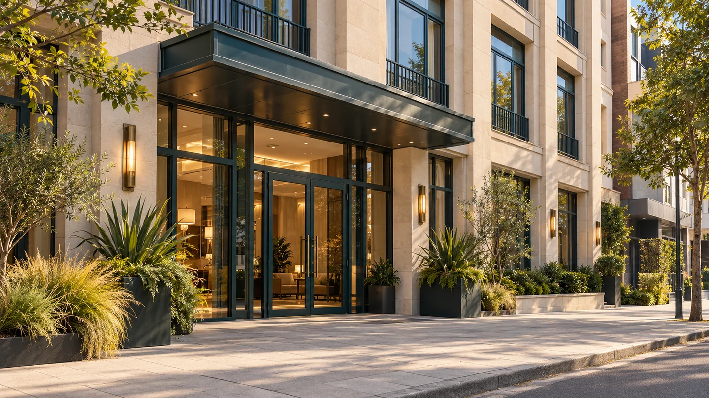 Hotel entrance framed by contemporary stone and green planting