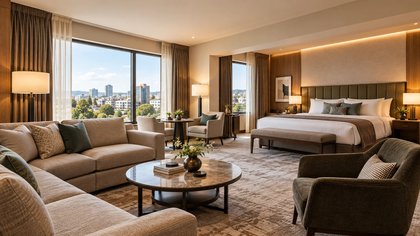 Executive Suite interior with warm neutral furnishings and white bed linen