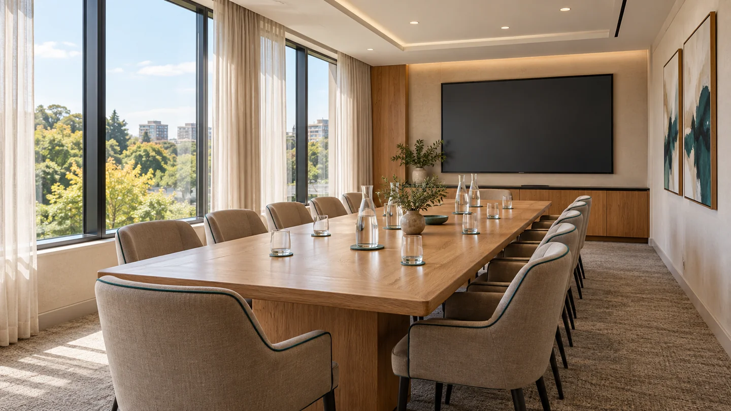 Bright hotel meeting space with a long table, chairs and presentation screen