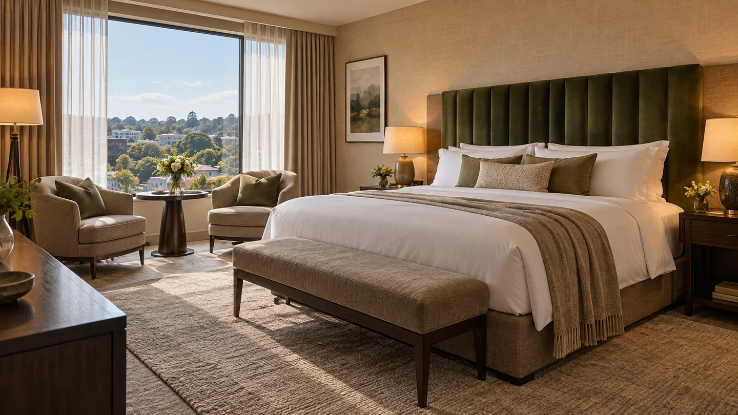 Premium King interior with warm neutral furnishings and white bed linen