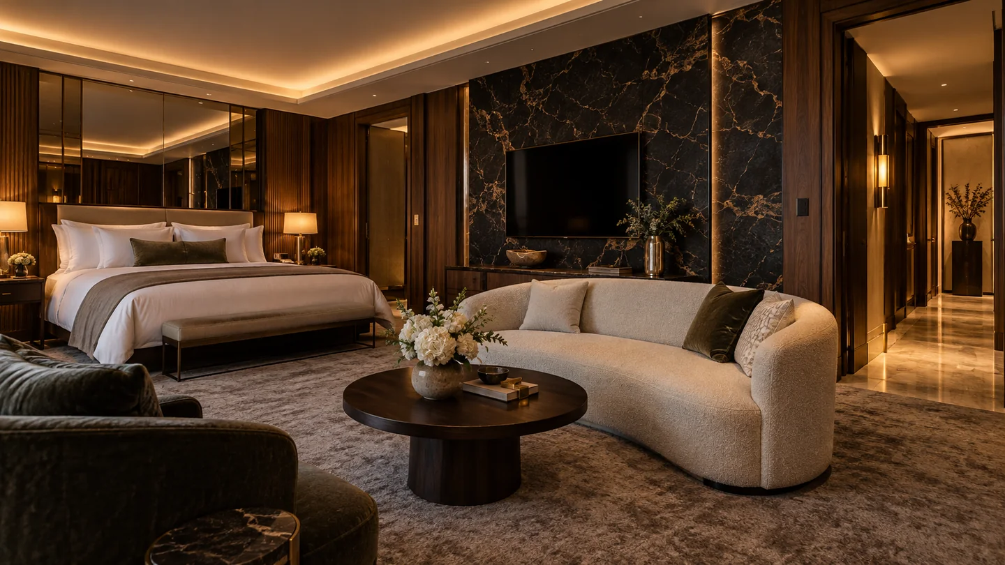 Private Access Suite interior with warm neutral furnishings and white bed linen