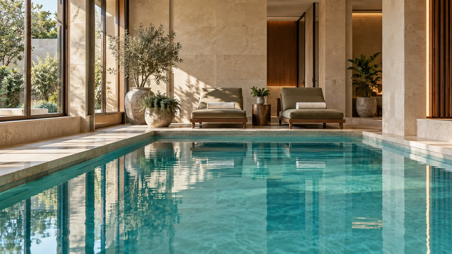 Indoor hotel swimming pool with neutral stone finishes and relaxation loungers
